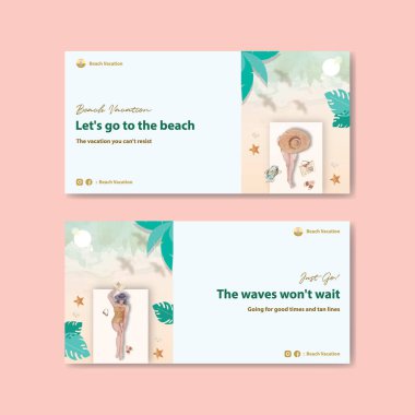 Sosyal medya suluboya çizimi için plaj tatil konsepti tasarımı içeren Twitter şablonu