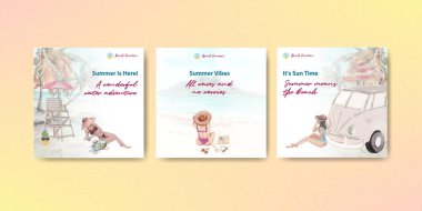 Suluboya illüstrasyonunu pazarlamak için plaj tatil konsepti tasarımı ile reklam şablonu