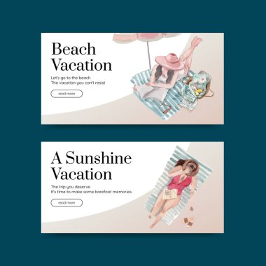 Sosyal medya suluboya çizimi için plaj tatil konsepti tasarımı içeren Twitter şablonu