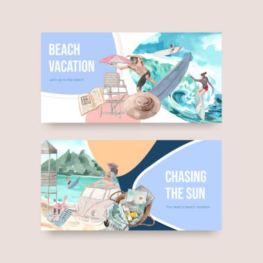 Sosyal medya suluboya çizimi için plaj tatil konsepti tasarımı içeren Twitter şablonu