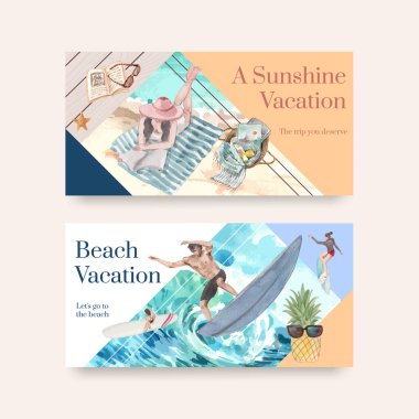 Sosyal medya suluboya çizimi için plaj tatil konsepti tasarımı içeren Twitter şablonu