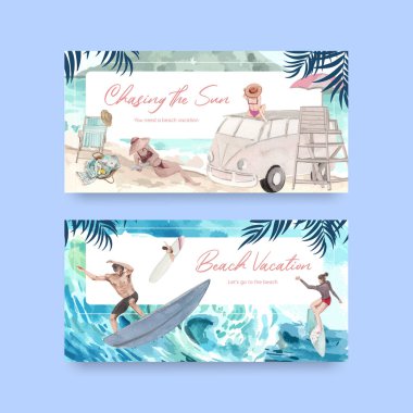 Sosyal medya suluboya çizimi için plaj tatil konsepti tasarımı içeren Twitter şablonu