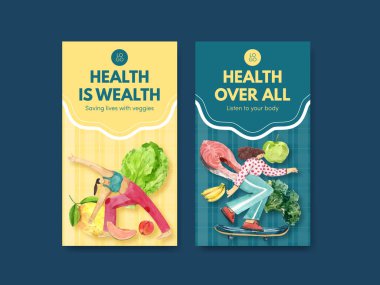 Sosyal medya suluboya çizimi için dünya sağlık günü konsepti tasarımı ile Instagram şablonu