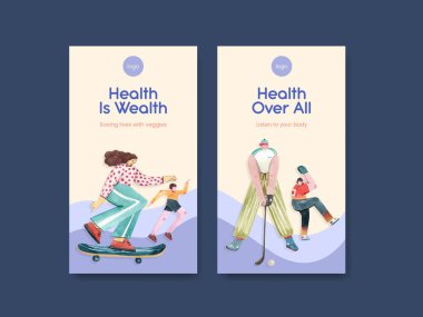 Sosyal medya suluboya çizimi için dünya sağlık günü konsepti tasarımı ile Instagram şablonu