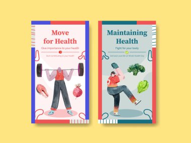 Sosyal medya suluboya çizimi için dünya sağlık günü konsepti tasarımı ile Instagram şablonu