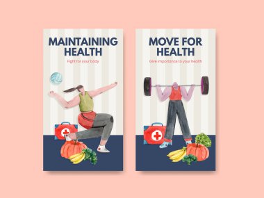 Sosyal medya suluboya çizimi için dünya sağlık günü konsepti tasarımı ile Instagram şablonu