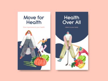 Sosyal medya suluboya çizimi için dünya sağlık günü konsepti tasarımı ile Instagram şablonu