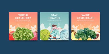 Suluboya illüstrasyonunun pazarlanması için dünya sağlık günü konsept tasarımı ile reklam şablonu