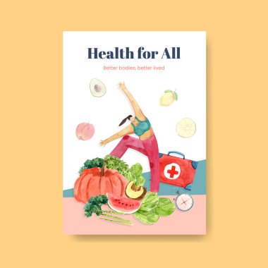 Dünya Sağlık Günü broşür tasarımı ile birlikte poster şablonu suluboya çizimi