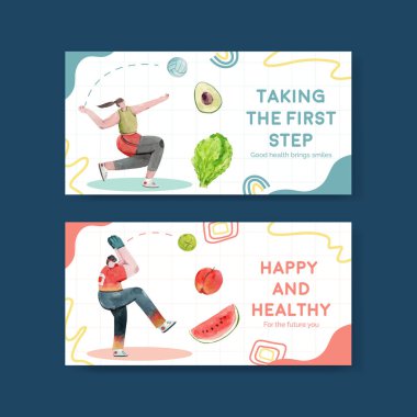 Sosyal medya suluboya çizimi için dünya sağlık günü konsepti tasarımı ile Twitter şablonu