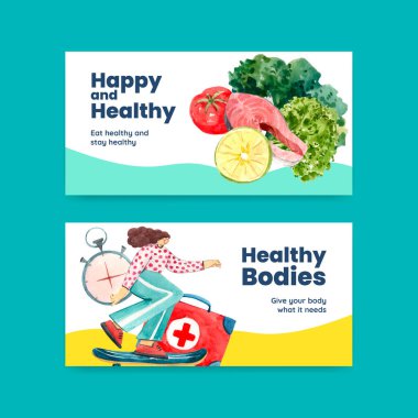 Sosyal medya suluboya çizimi için dünya sağlık günü konsepti tasarımı ile Twitter şablonu