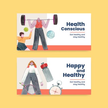 Sosyal medya suluboya çizimi için dünya sağlık günü konsepti tasarımı ile Twitter şablonu