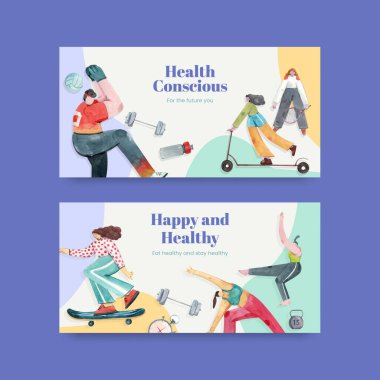 Sosyal medya suluboya çizimi için dünya sağlık günü konsepti tasarımı ile Twitter şablonu