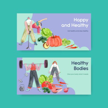 Sosyal medya suluboya çizimi için dünya sağlık günü konsepti tasarımı ile Twitter şablonu