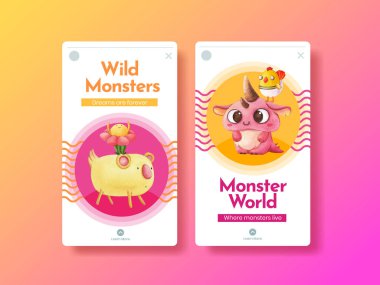 Canavar konsepti tasarımı suluboya çizimi ile Instagram şablonu