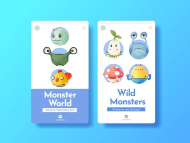 Canavar konsepti tasarımı suluboya çizimi ile Instagram şablonu