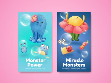 Canavar konsepti tasarımı suluboya çizimi ile Instagram şablonu