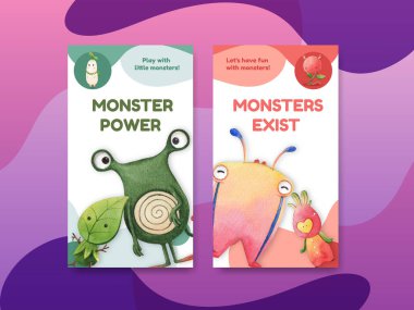 Canavar konsepti tasarımı suluboya çizimi ile Instagram şablonu