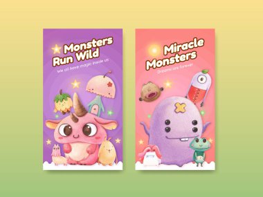 Canavar konsepti tasarımı suluboya çizimi ile Instagram şablonu