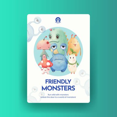 Canavar konsepti tasarımlı bir poster şablonu suluboya çizimi