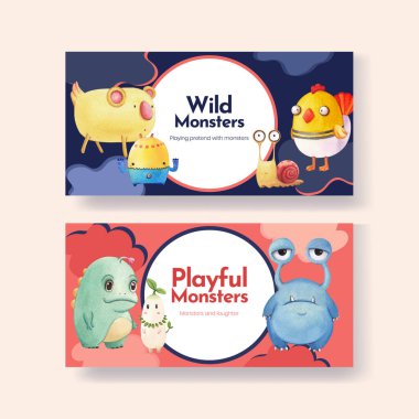 Canavar konsepti tasarımı ile Twitter şablonu suluboya çizimi