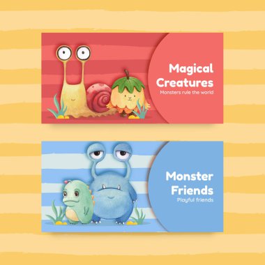 Canavar konsepti tasarımı ile Twitter şablonu suluboya çizimi