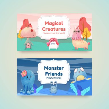 Canavar konsepti tasarımı ile Twitter şablonu suluboya çizimi