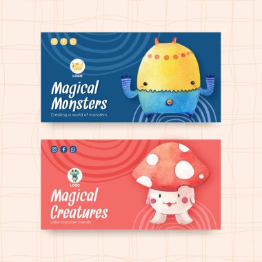 Canavar konsepti tasarımı ile Twitter şablonu suluboya çizimi