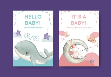 Card template with hello baby concept ,watercolor styl