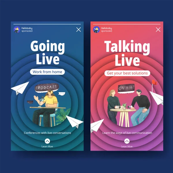 Instagram Template Live Conversation Concept Watercolor Styl — Stok Vektör