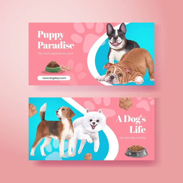 Twitter Template Cute Dog Concept Watercolor Styl — Stok Vektör