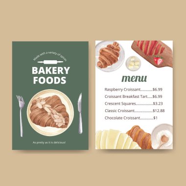 Kruvasan konsepti ve suluboya stili menü şablonu