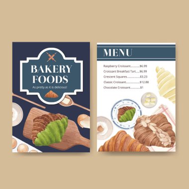 Kruvasan konsepti ve suluboya stili menü şablonu