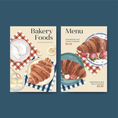 Kruvasan konsepti ve suluboya stili menü şablonu