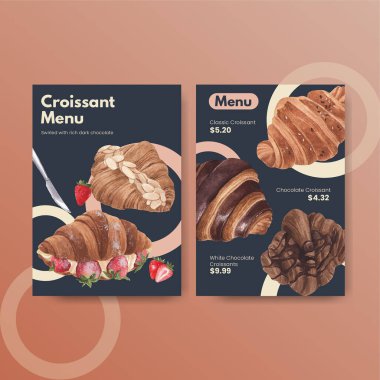 Kruvasan konsepti ve suluboya stili menü şablonu