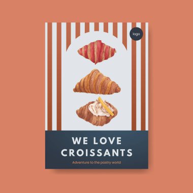 Kruvasan konseptli poster şablonu, suluboya stil