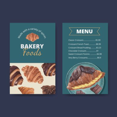 Kruvasan konsepti ve suluboya stili menü şablonu