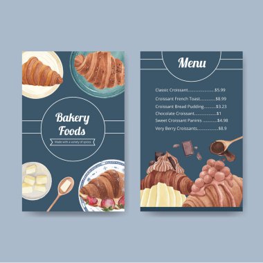 Kruvasan konsepti ve suluboya stili menü şablonu