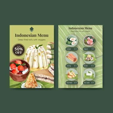 Endonezya atıştırmalık kavramı suluboya çizimi ile birlikte menü şablonu