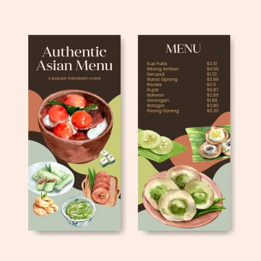 Endonezya atıştırmalık kavramı suluboya çizimi ile birlikte menü şablonu