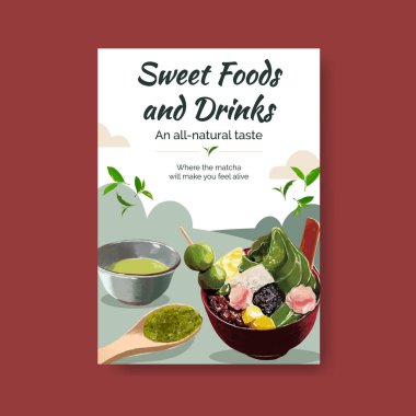 Matcha tatlısı konsepti olan poster şablonu, suluboya stil