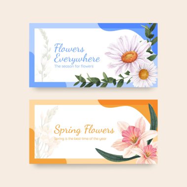 Bahar çiçeği konsepti ile Twitter şablonu, suluboya styl