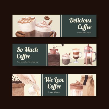 Kahve konsepti suluboya illüstrasyonlu pankart şablonu