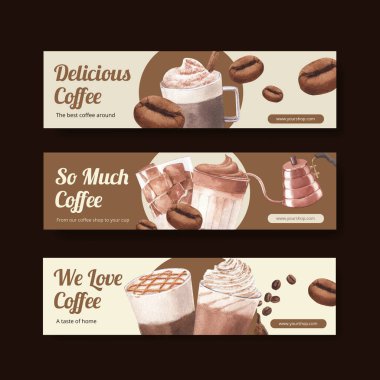 Kahve konsepti suluboya illüstrasyonlu pankart şablonu