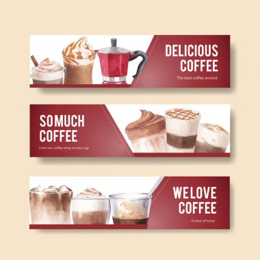 Kahve konsepti suluboya illüstrasyonlu pankart şablonu
