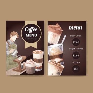 Kahve konsepti suluboya resimli menü şablonu