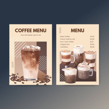 Kahve konsepti suluboya resimli menü şablonu
