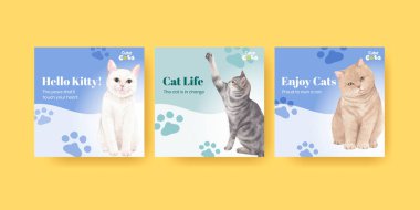 Şirin kedi konsepti suluboya illüstrasyonlu pankart şablonu