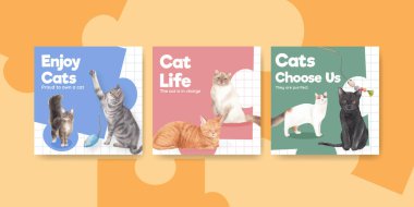 Şirin kedi konsepti suluboya illüstrasyonlu pankart şablonu