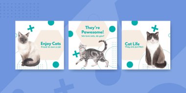 Şirin kedi konsepti suluboya illüstrasyonlu pankart şablonu